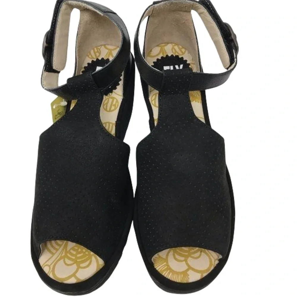 FLY London Perforated Leather Ankle Strap Wedges Sandals Black Size 38 (7.5-8)